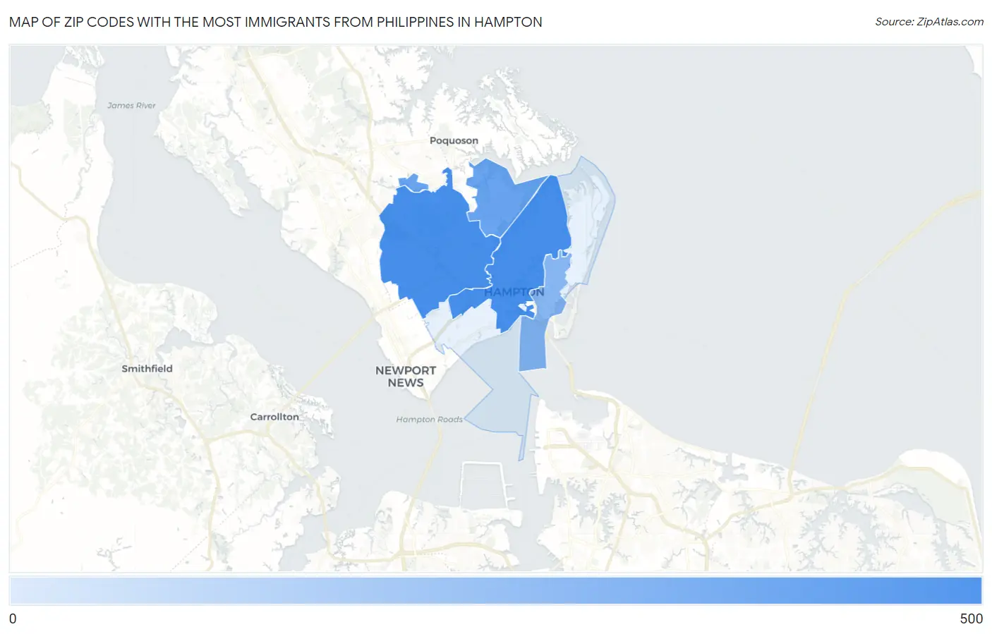 Zip Codes with the Most Immigrants from Philippines in Hampton Map
