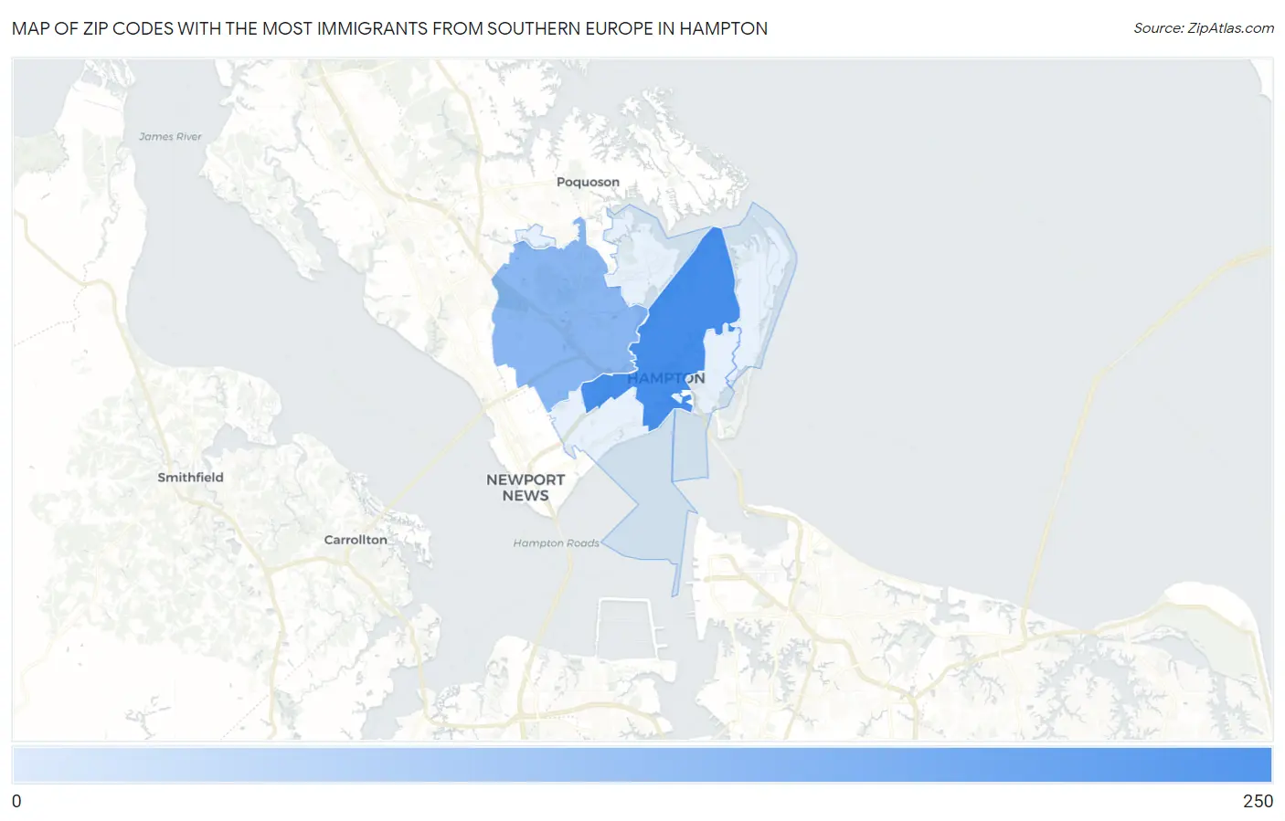 Zip Codes with the Most Immigrants from Southern Europe in Hampton Map