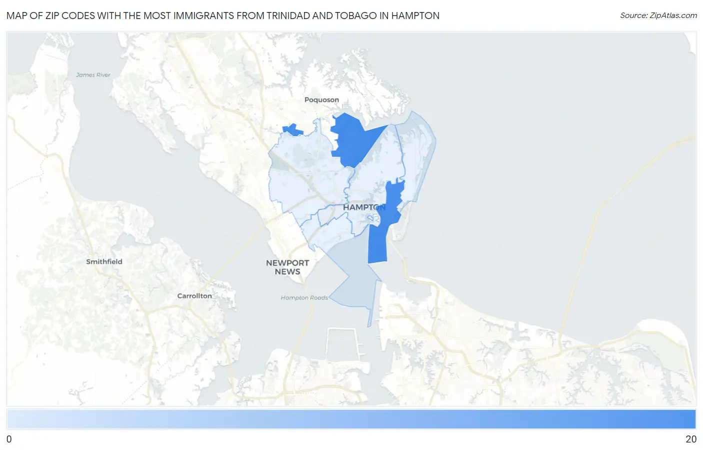 Zip Codes with the Most Immigrants from Trinidad and Tobago in Hampton Map
