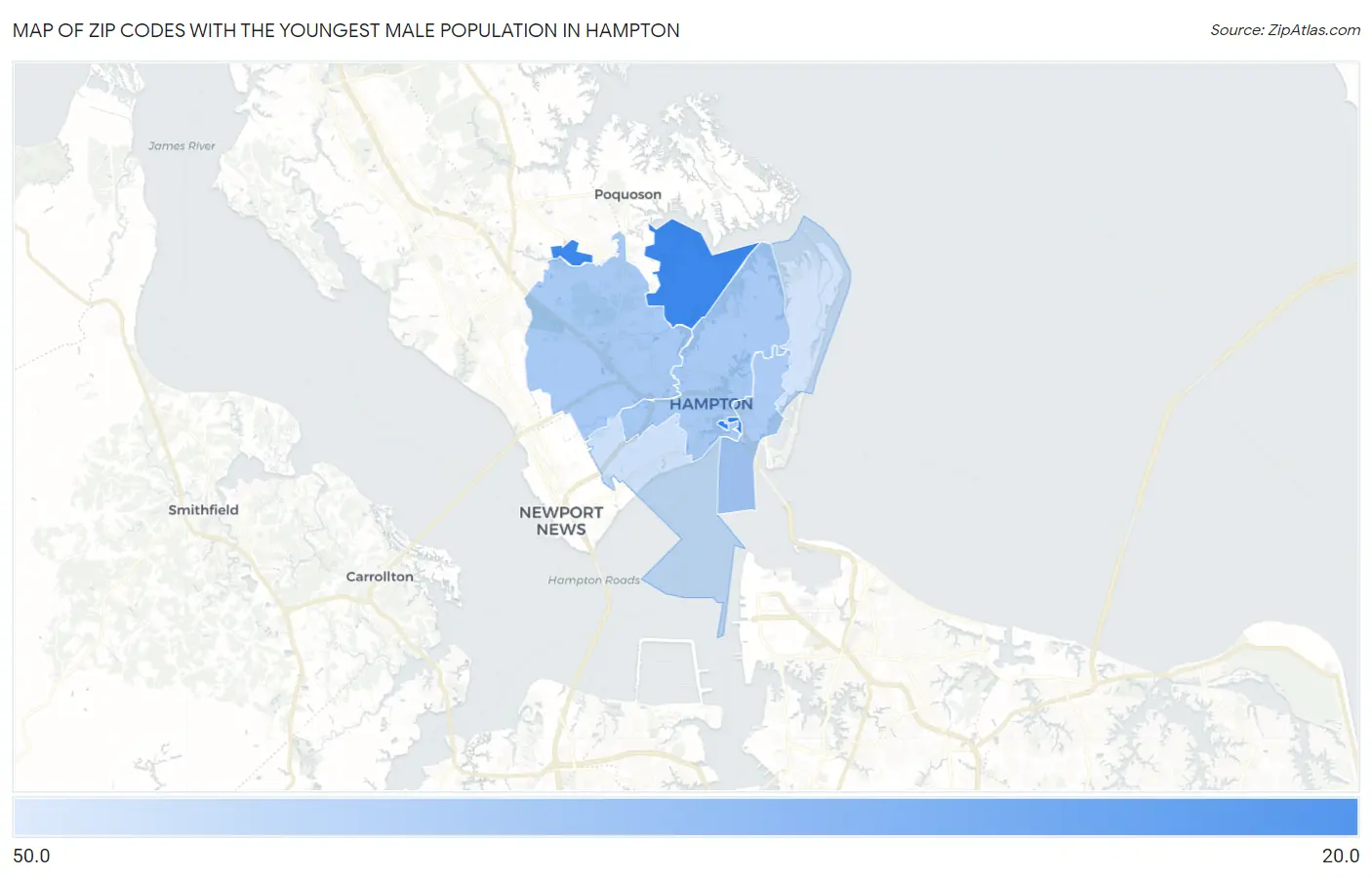 Zip Codes with the Youngest Male Population in Hampton Map