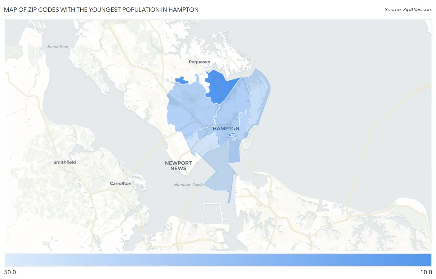 Zip Codes with the Youngest Population in Hampton Map