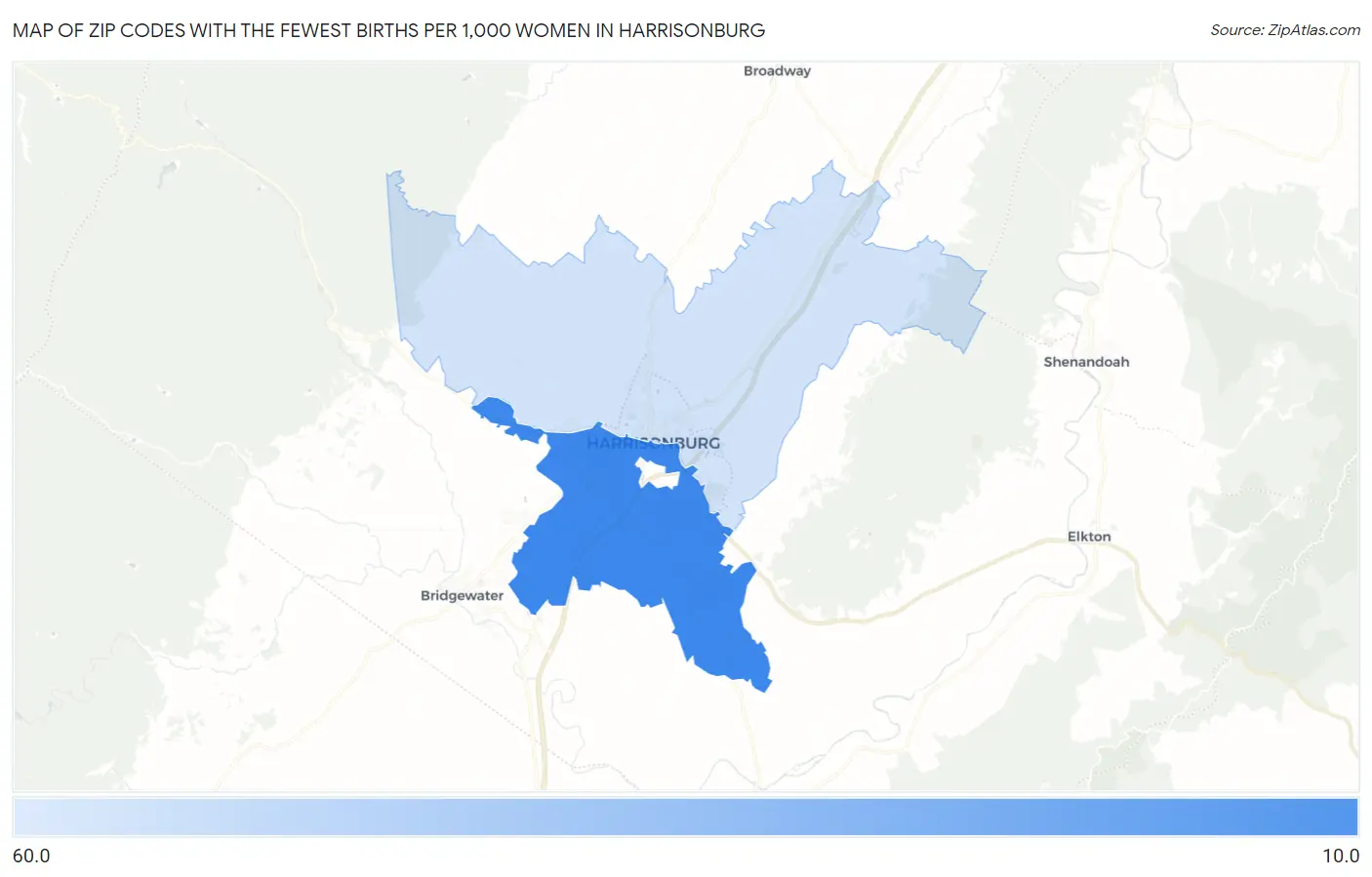 Zip Codes with the Fewest Births per 1,000 Women in Harrisonburg Map