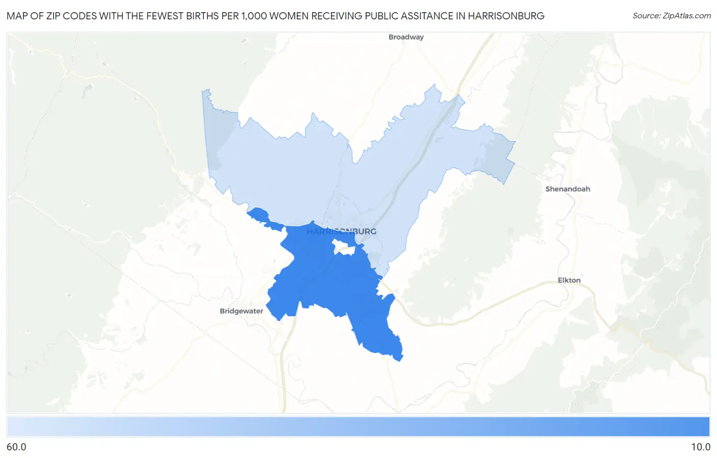Zip Codes with the Fewest Births per 1,000 Women Receiving Public Assitance in Harrisonburg Map