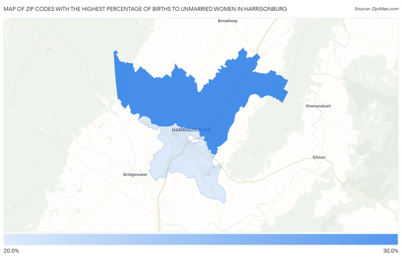 Zip Codes with the Highest Percentage of Births to Unmarried Women in Harrisonburg Map
