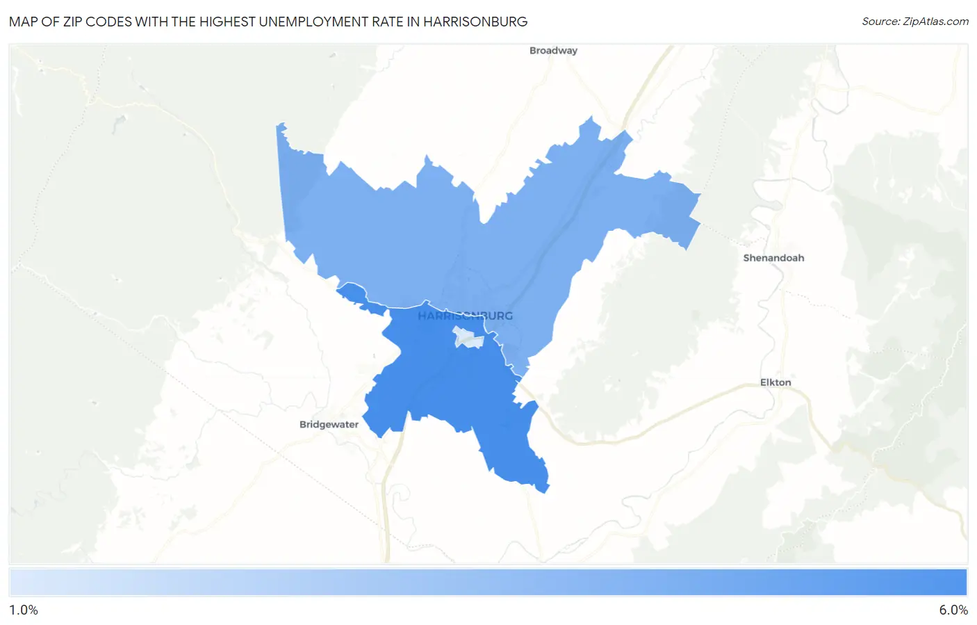 Zip Codes with the Highest Unemployment Rate in Harrisonburg Map