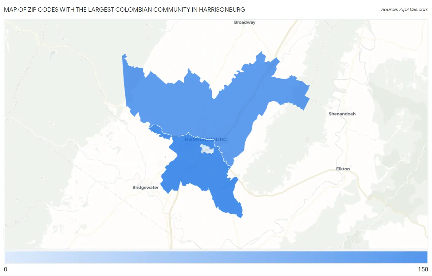 Zip Codes with the Largest Colombian Community in Harrisonburg Map