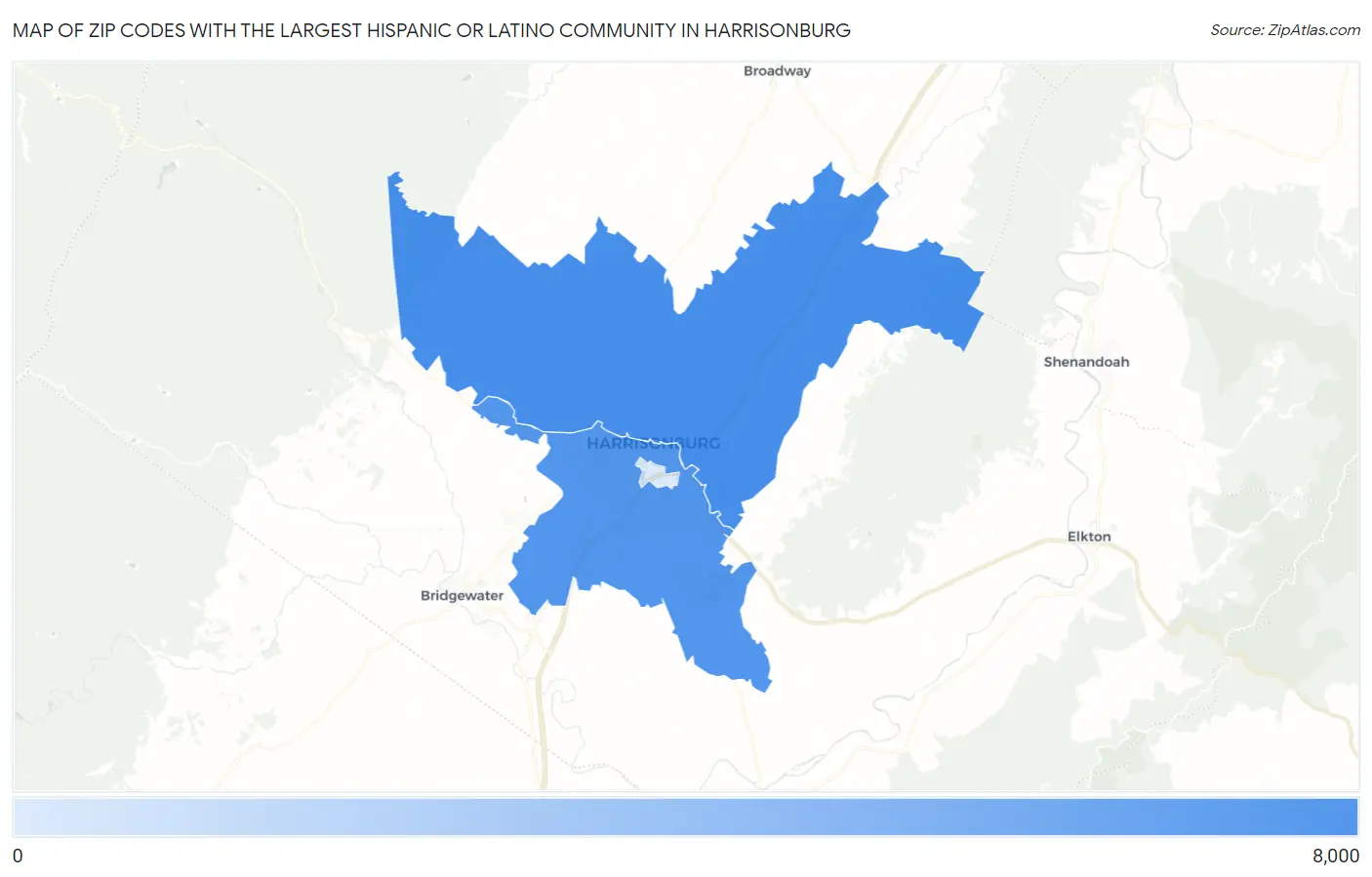 Zip Codes with the Largest Hispanic or Latino Community in Harrisonburg Map