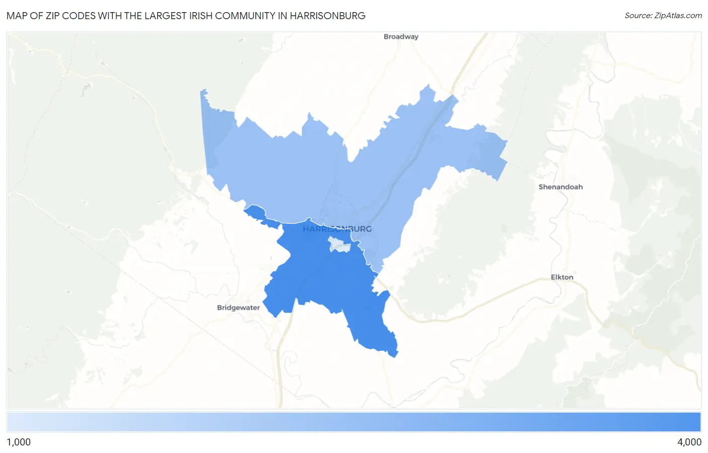 Zip Codes with the Largest Irish Community in Harrisonburg Map