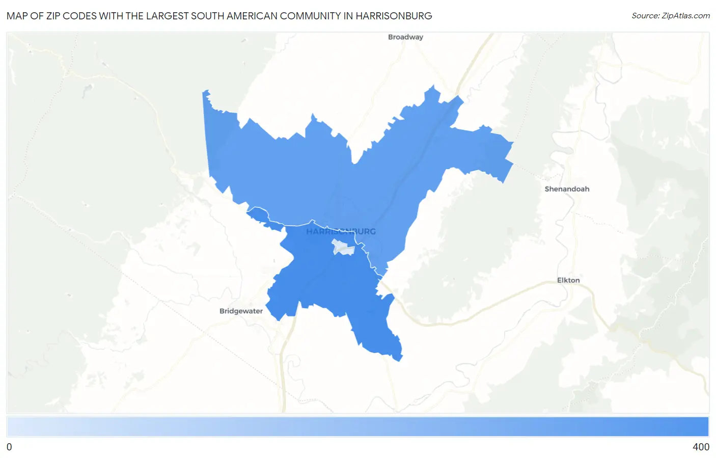 Zip Codes with the Largest South American Community in Harrisonburg Map