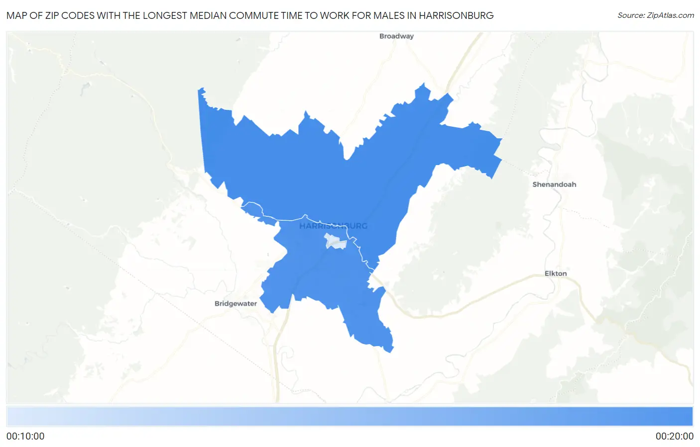 Zip Codes with the Longest Median Commute Time to Work for Males in Harrisonburg Map