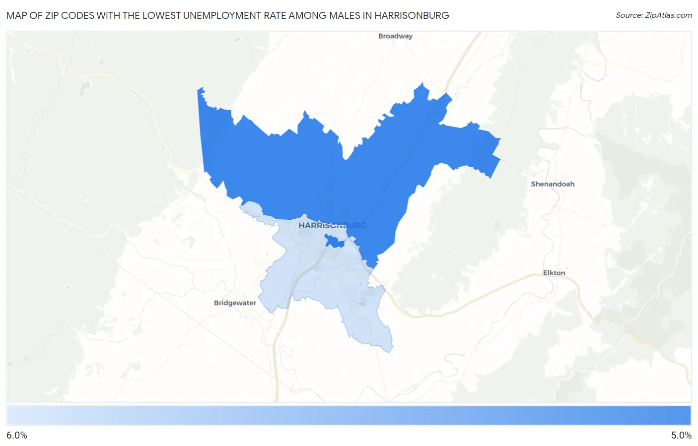 Zip Codes with the Lowest Unemployment Rate Among Males in Harrisonburg Map