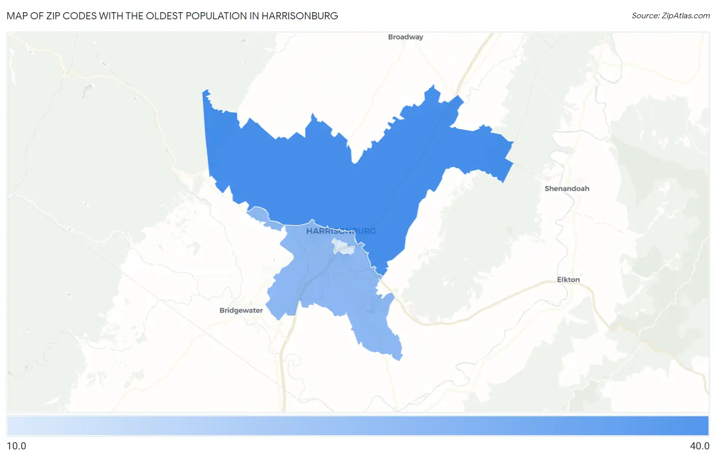 Zip Codes with the Oldest Population in Harrisonburg Map