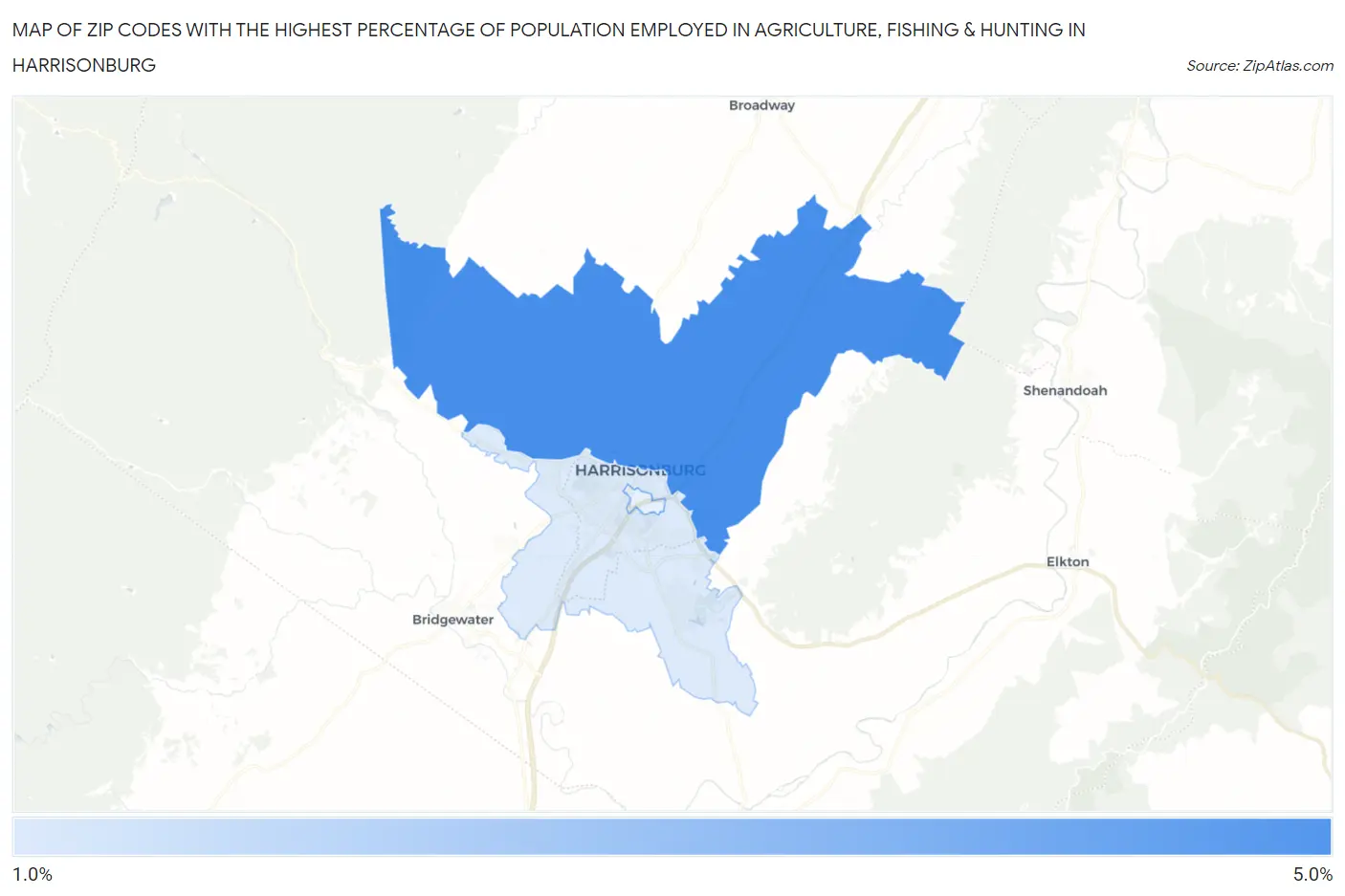 Zip Codes with the Highest Percentage of Population Employed in Agriculture, Fishing & Hunting in Harrisonburg Map