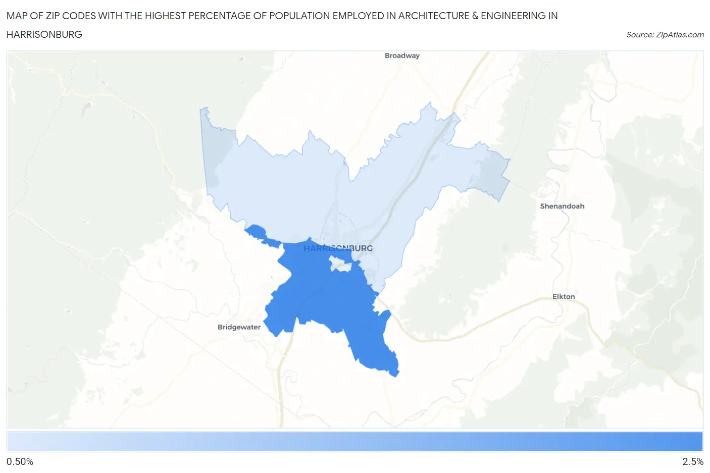 Zip Codes with the Highest Percentage of Population Employed in Architecture & Engineering in Harrisonburg Map