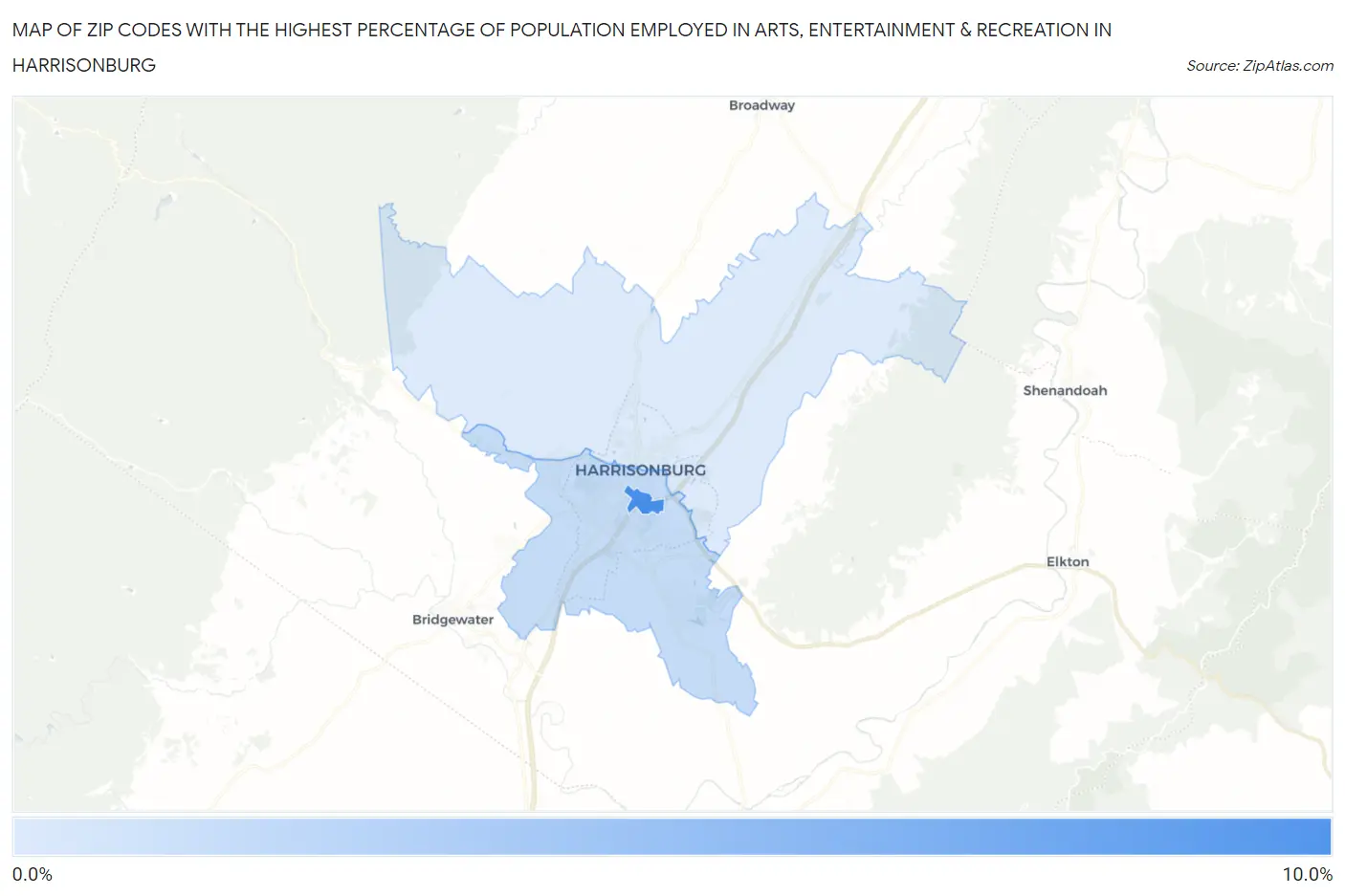 Zip Codes with the Highest Percentage of Population Employed in Arts, Entertainment & Recreation in Harrisonburg Map