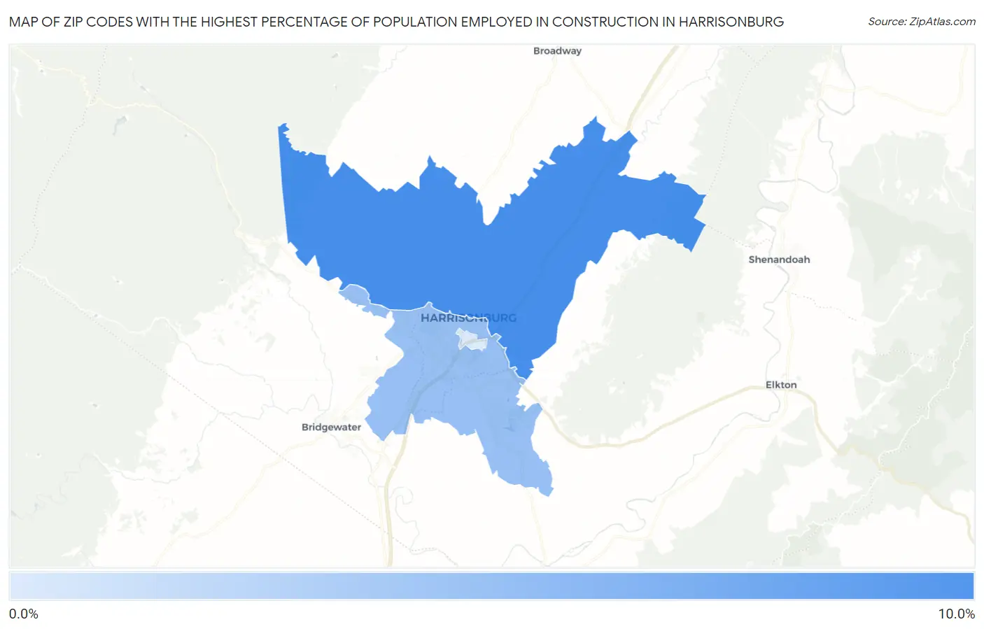 Zip Codes with the Highest Percentage of Population Employed in Construction in Harrisonburg Map