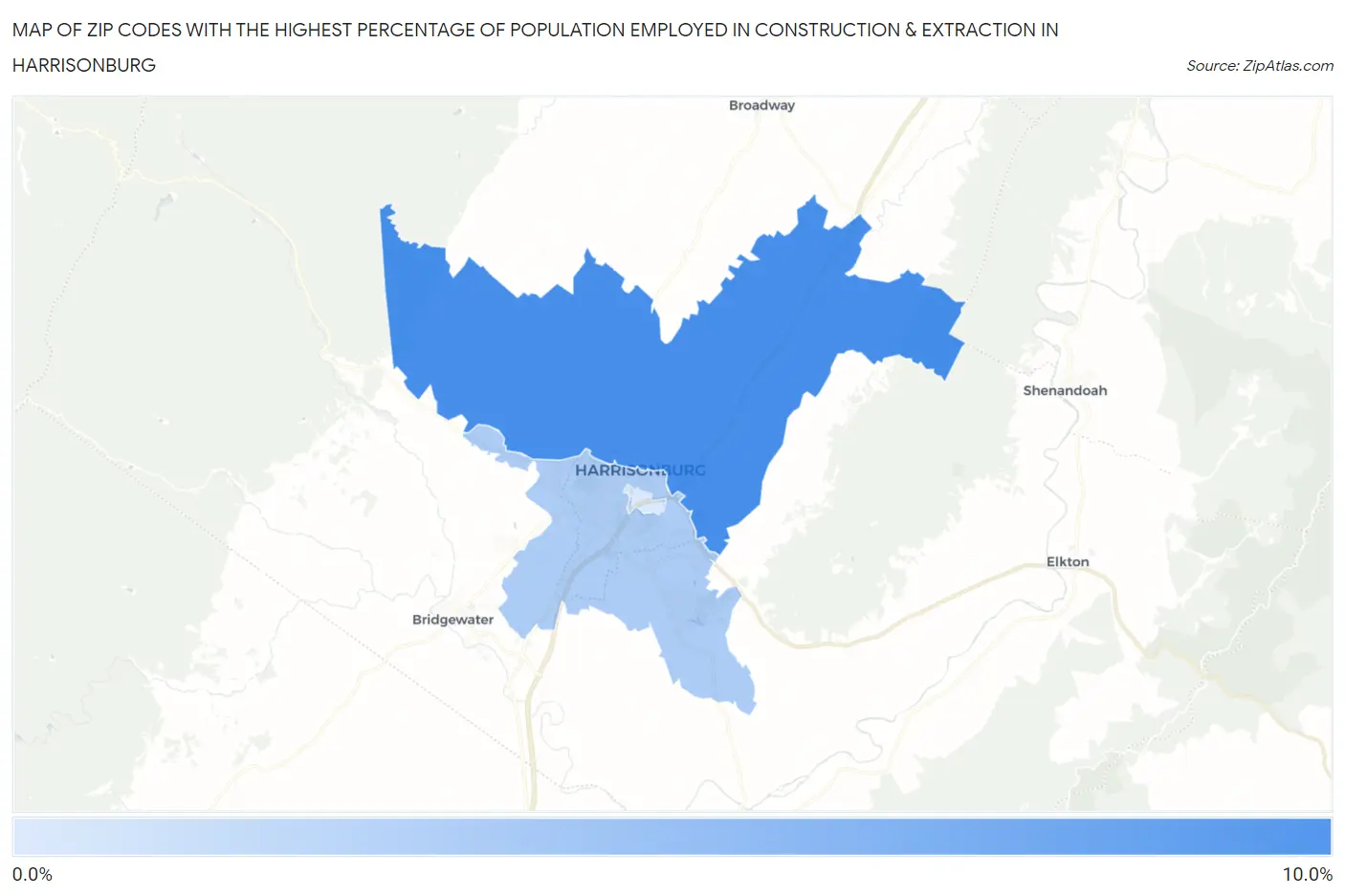 Zip Codes with the Highest Percentage of Population Employed in Construction & Extraction in Harrisonburg Map