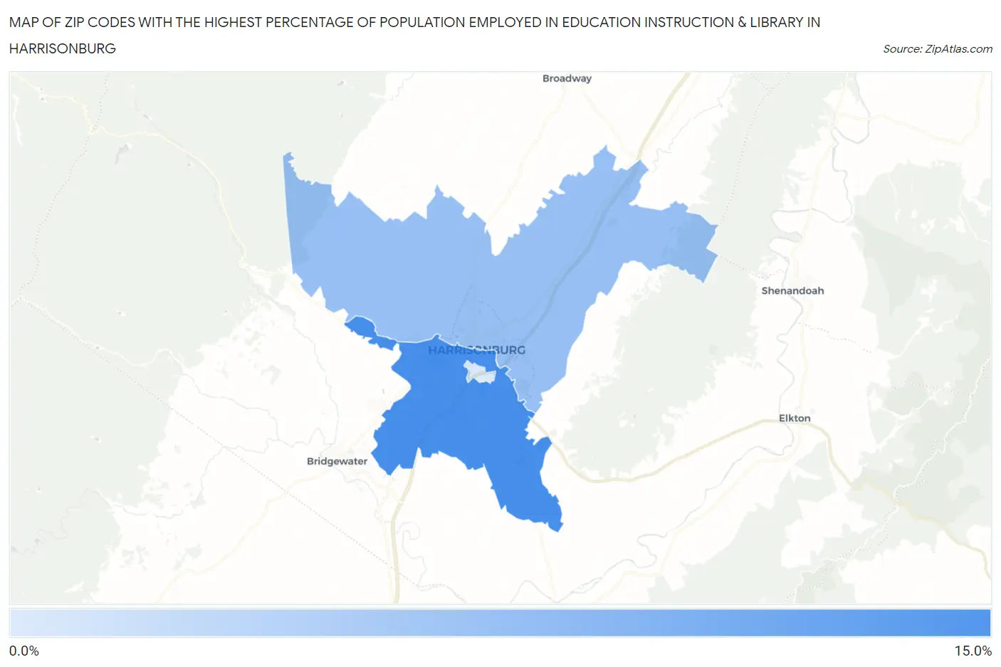 Zip Codes with the Highest Percentage of Population Employed in Education Instruction & Library in Harrisonburg Map