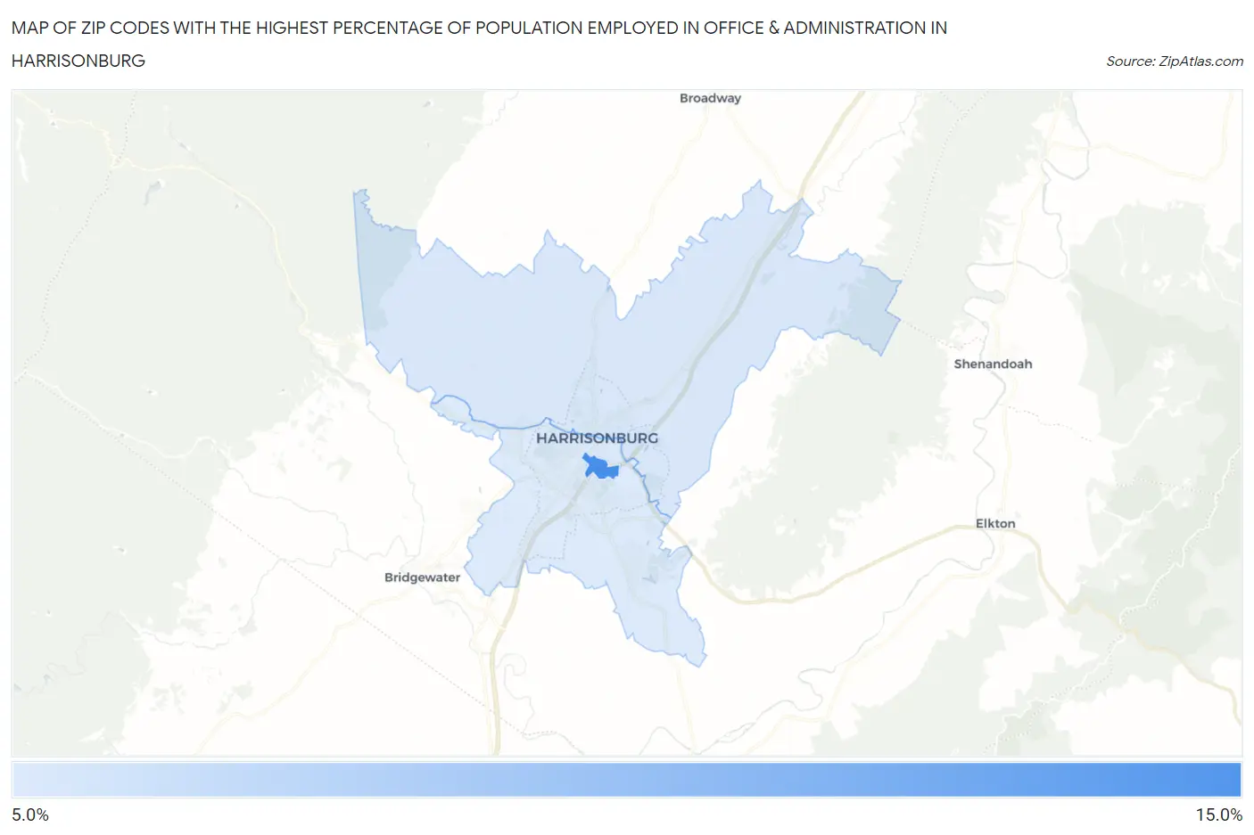Zip Codes with the Highest Percentage of Population Employed in Office & Administration in Harrisonburg Map