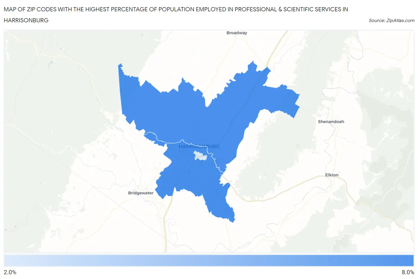 Zip Codes with the Highest Percentage of Population Employed in Professional & Scientific Services in Harrisonburg Map