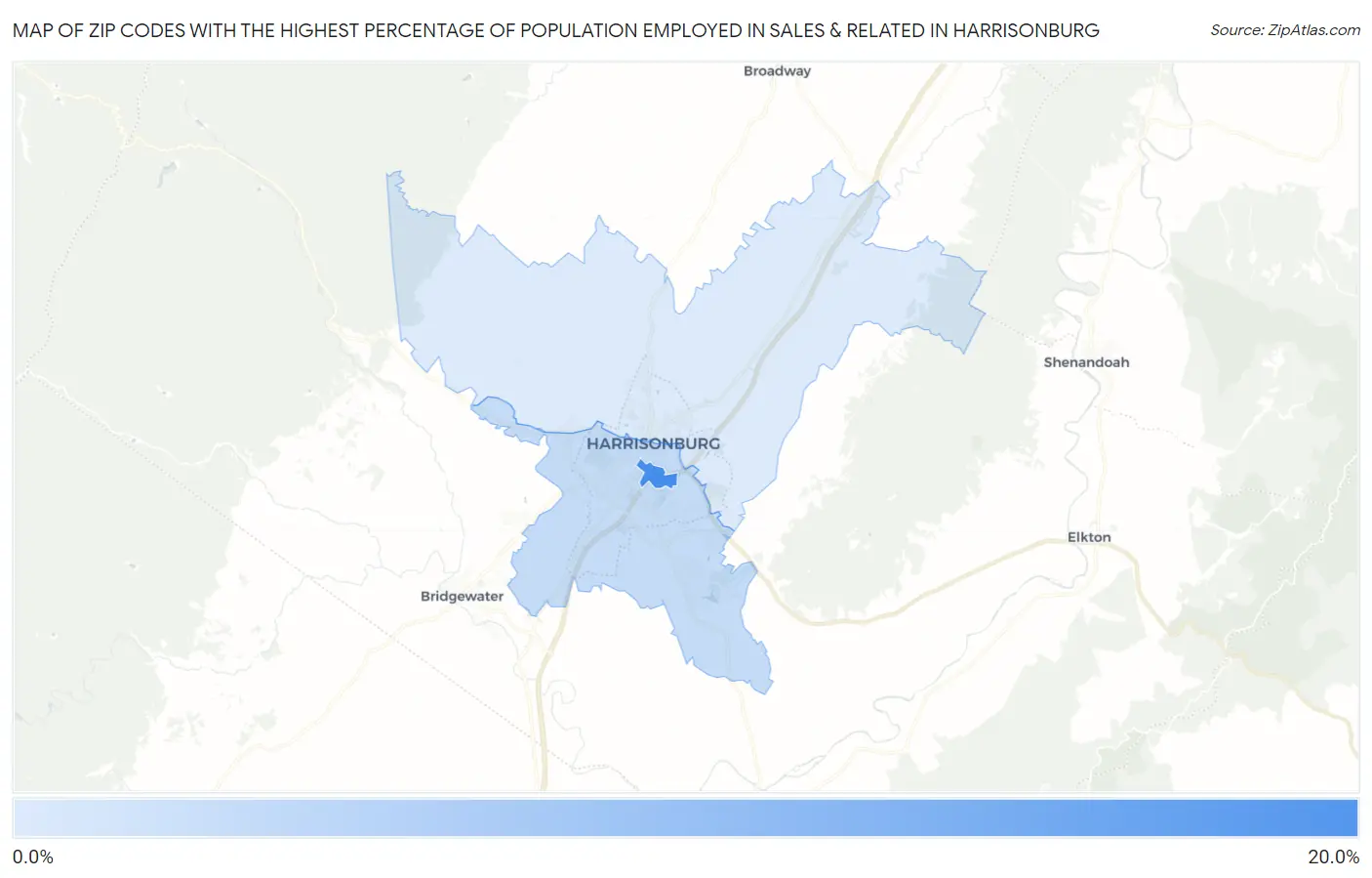 Zip Codes with the Highest Percentage of Population Employed in Sales & Related in Harrisonburg Map