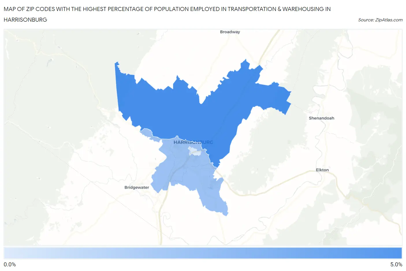 Zip Codes with the Highest Percentage of Population Employed in Transportation & Warehousing in Harrisonburg Map