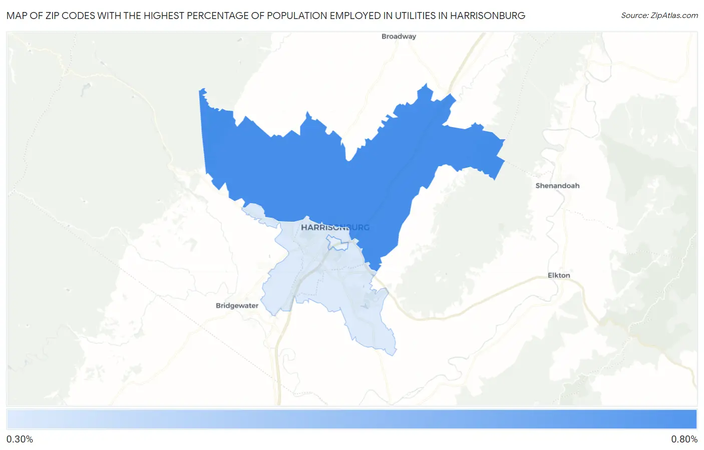 Zip Codes with the Highest Percentage of Population Employed in Utilities in Harrisonburg Map
