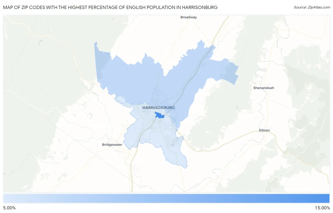 Zip Codes with the Highest Percentage of English Population in Harrisonburg Map