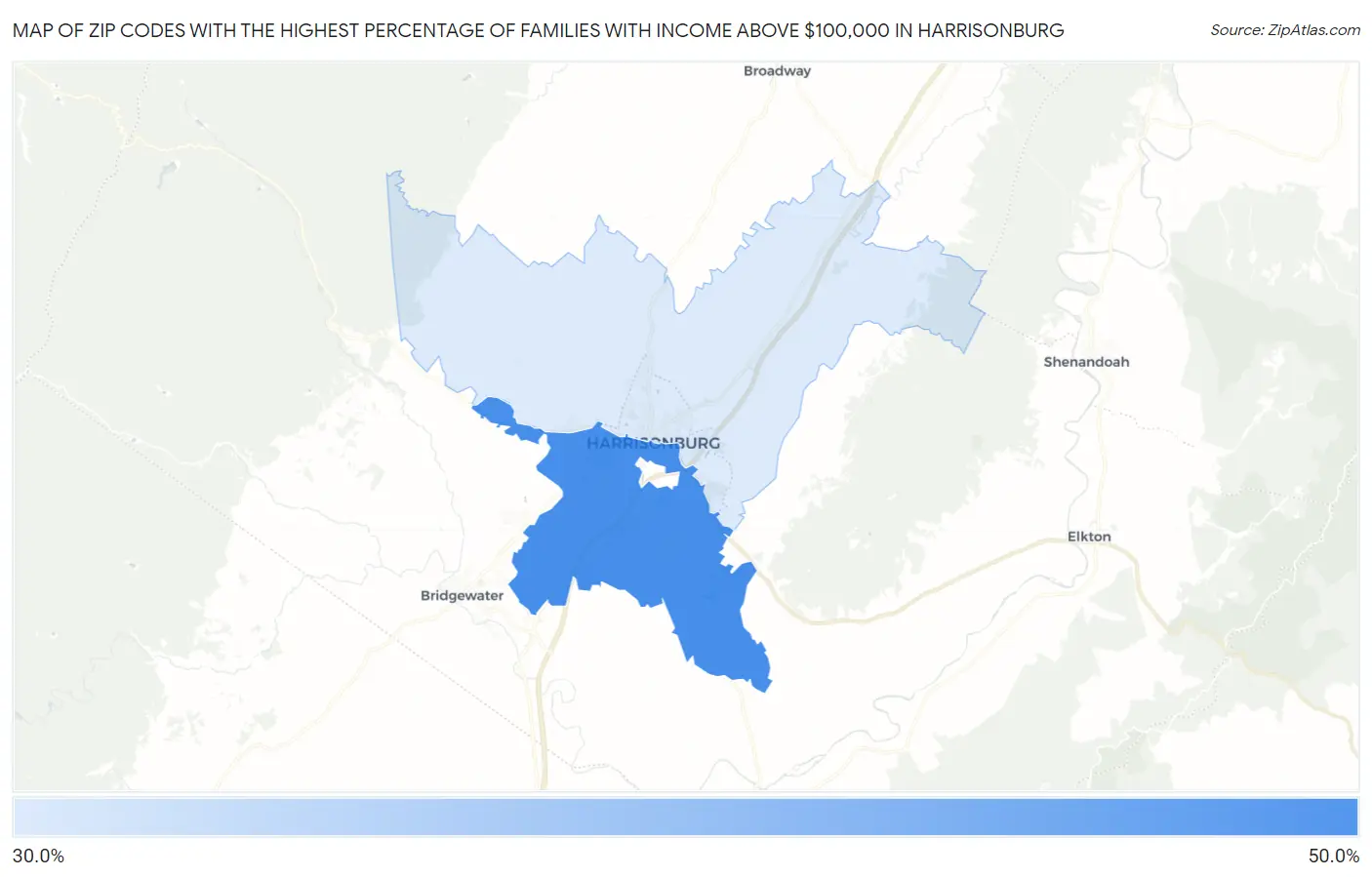 Zip Codes with the Highest Percentage of Families with Income Above $100,000 in Harrisonburg Map