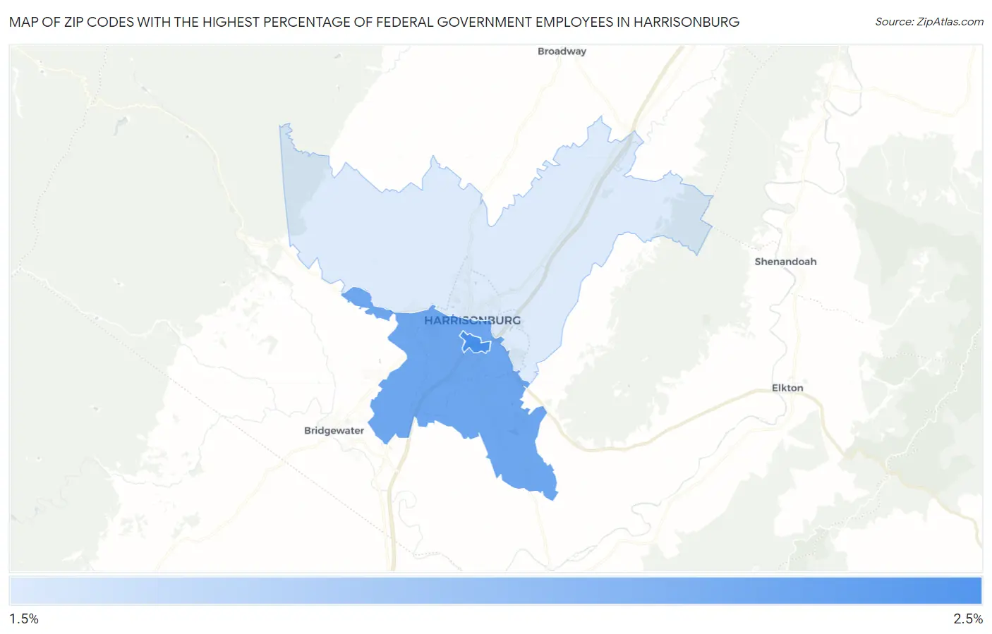 Zip Codes with the Highest Percentage of Federal Government Employees in Harrisonburg Map