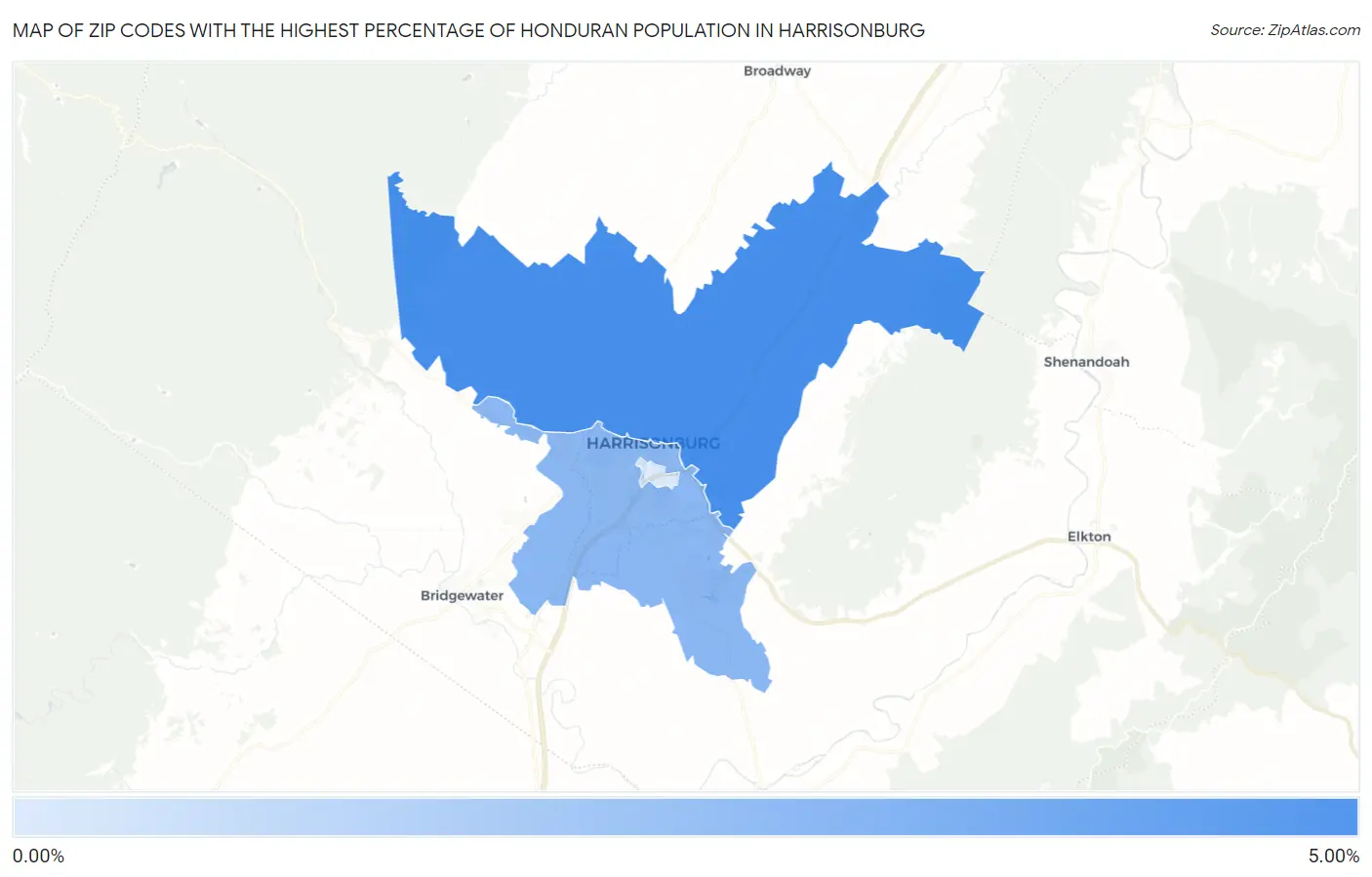 Zip Codes with the Highest Percentage of Honduran Population in Harrisonburg Map