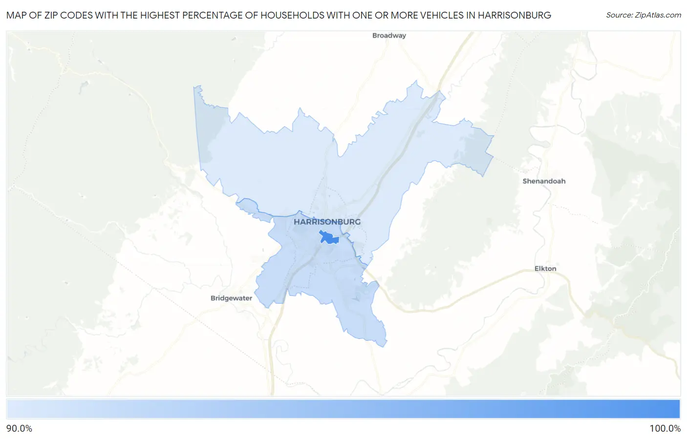 Zip Codes with the Highest Percentage of Households With One or more Vehicles in Harrisonburg Map