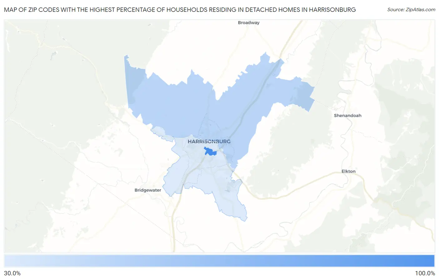 Zip Codes with the Highest Percentage of Households Residing in Detached Homes in Harrisonburg Map