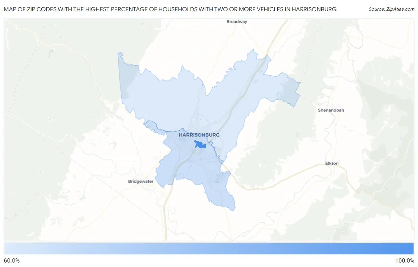 Zip Codes with the Highest Percentage of Households With Two or more Vehicles in Harrisonburg Map