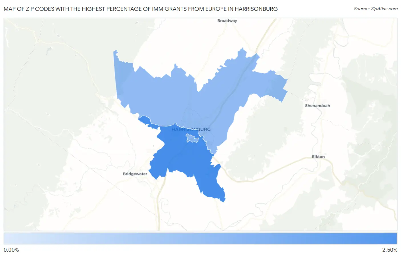 Zip Codes with the Highest Percentage of Immigrants from Europe in Harrisonburg Map