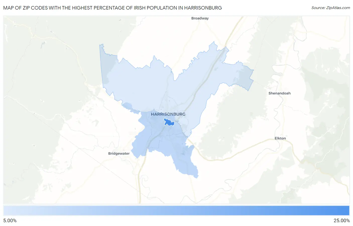 Zip Codes with the Highest Percentage of Irish Population in Harrisonburg Map