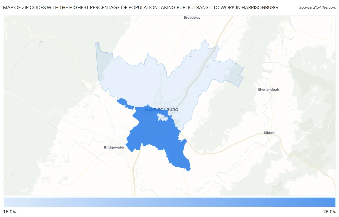 Zip Codes with the Highest Percentage of Population Taking Public Transit to Work in Harrisonburg Map