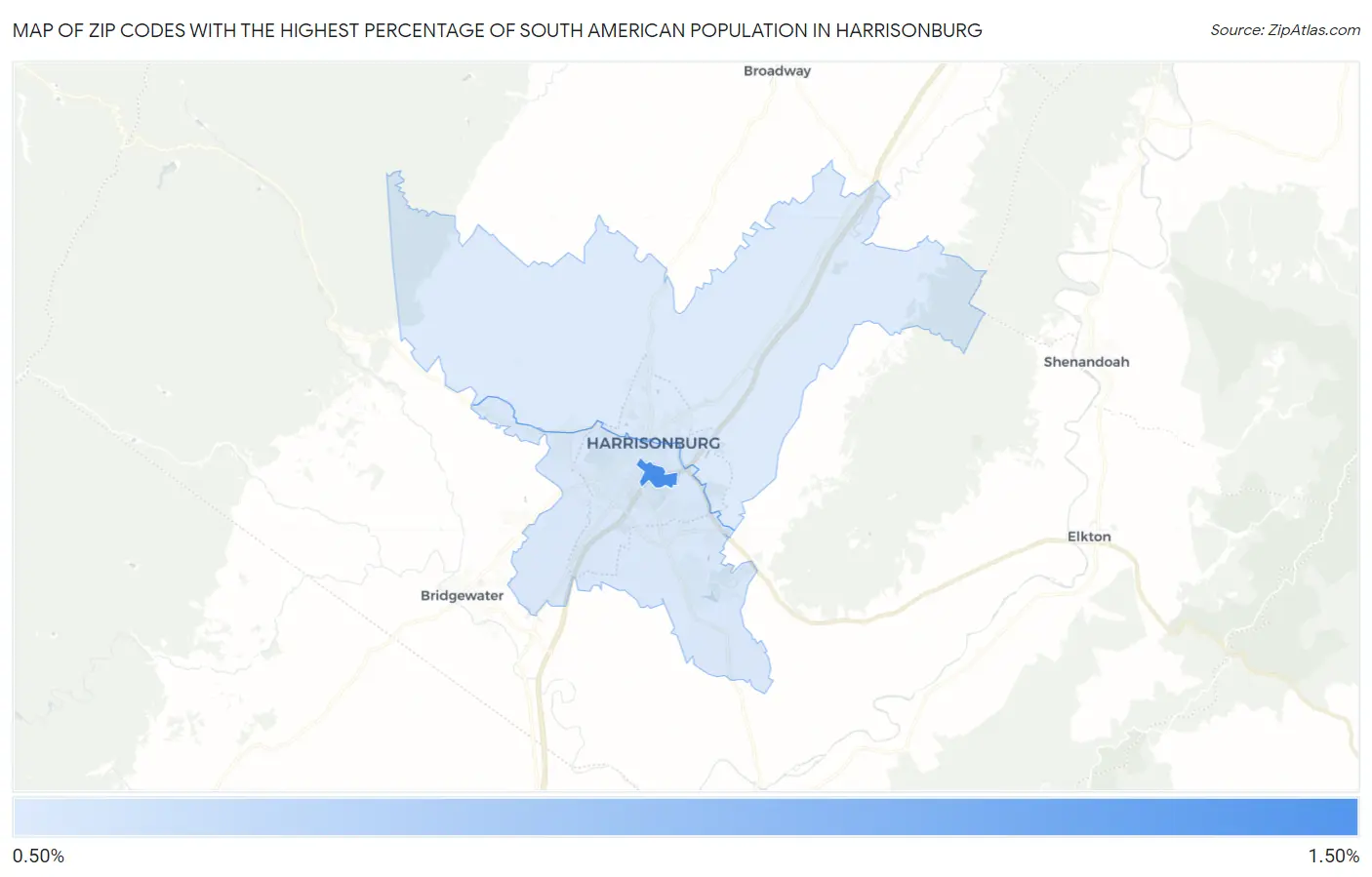 Zip Codes with the Highest Percentage of South American Population in Harrisonburg Map
