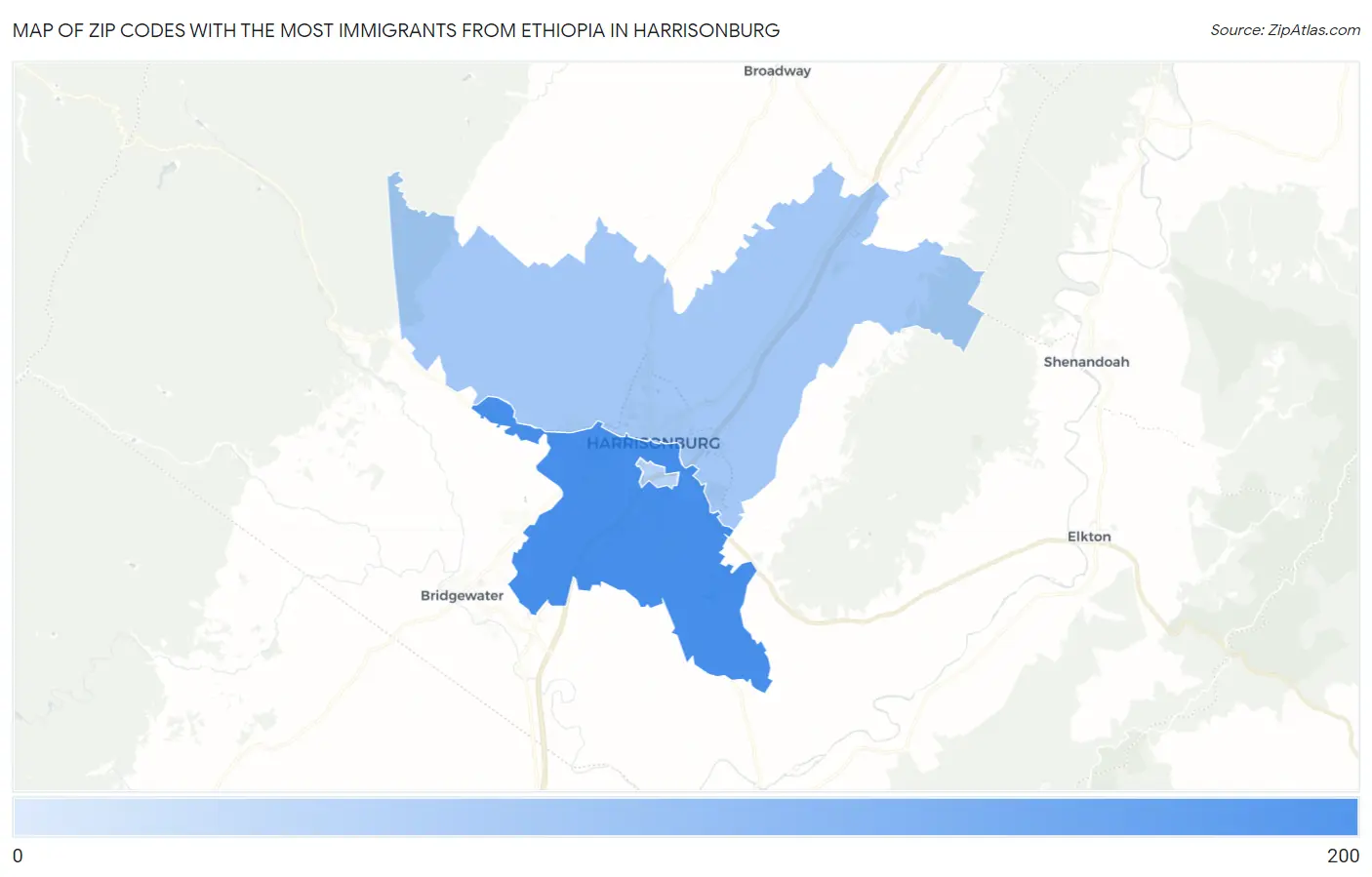 Zip Codes with the Most Immigrants from Ethiopia in Harrisonburg Map