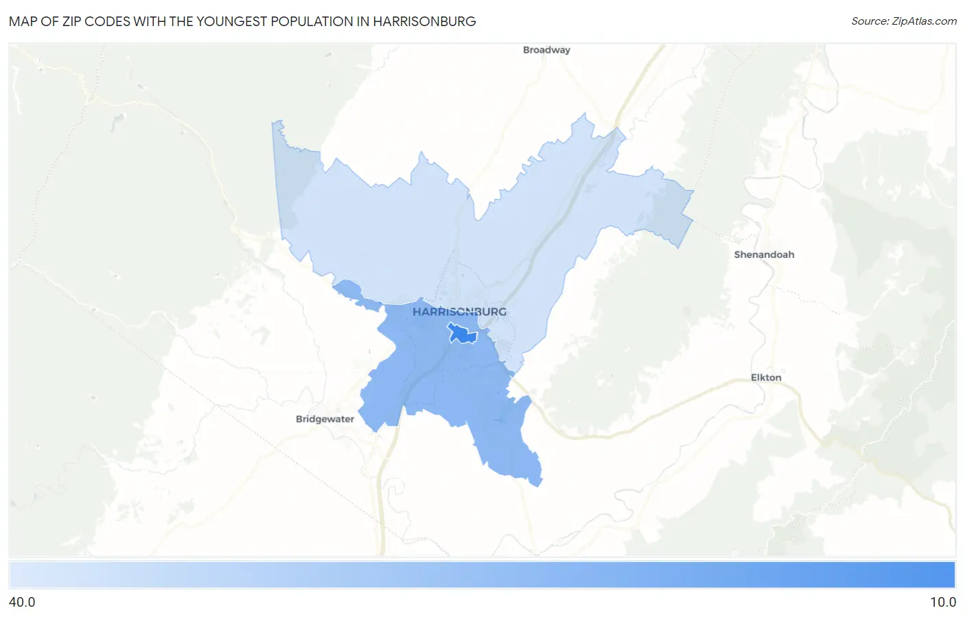 Zip Codes with the Youngest Population in Harrisonburg Map