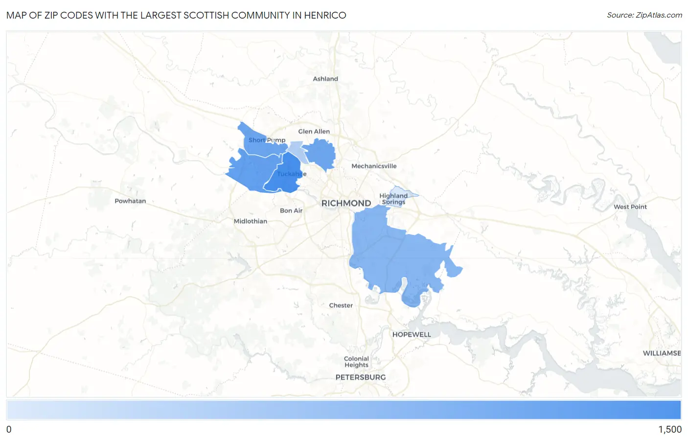 Zip Codes with the Largest Scottish Community in Henrico Map