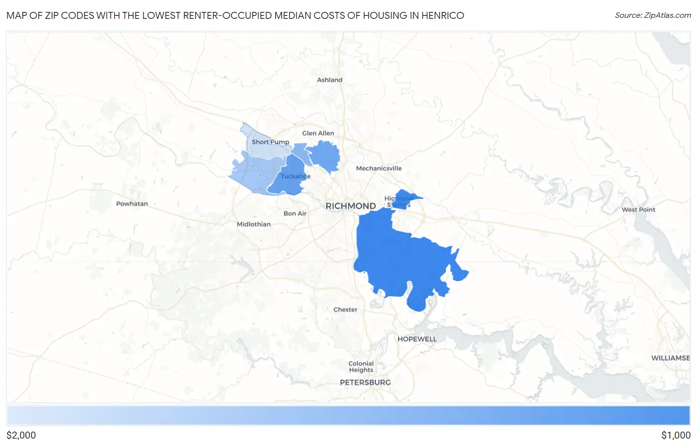 Zip Codes with the Lowest Renter-Occupied Median Costs of Housing in Henrico Map