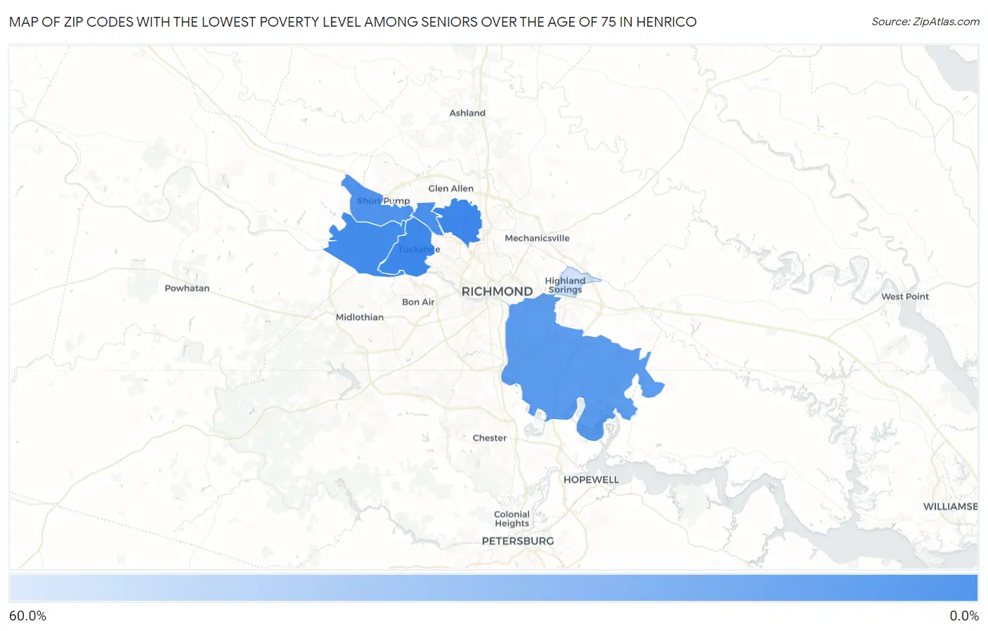 Zip Codes with the Lowest Poverty Level Among Seniors Over the Age of 75 in Henrico Map