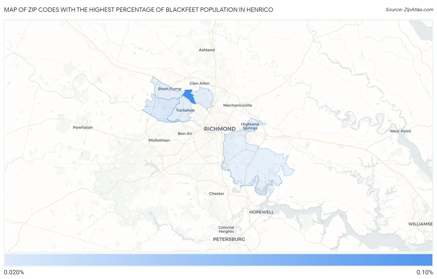 Zip Codes with the Highest Percentage of Blackfeet Population in Henrico Map