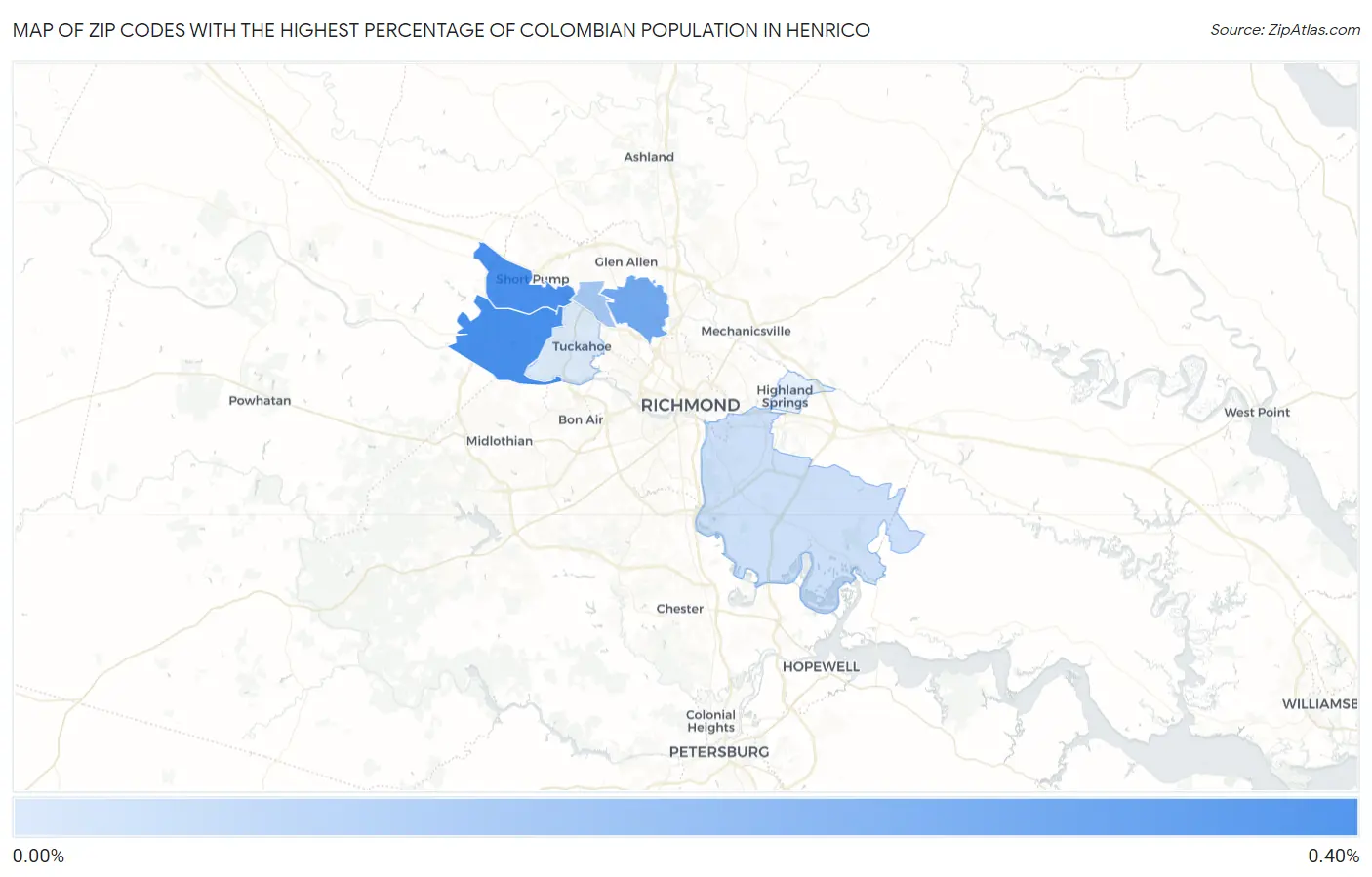 Zip Codes with the Highest Percentage of Colombian Population in Henrico Map