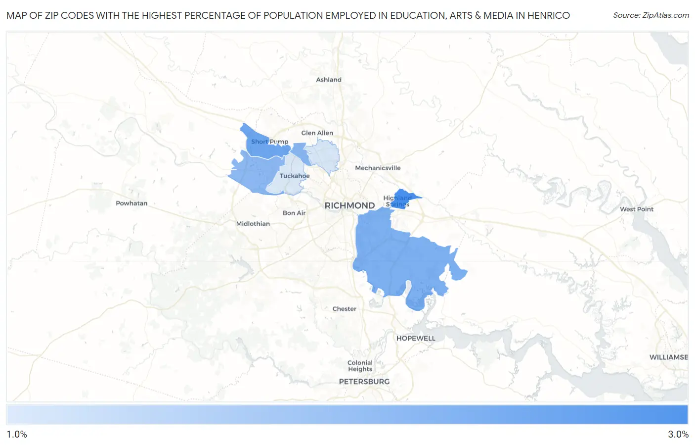 Zip Codes with the Highest Percentage of Population Employed in Education, Arts & Media in Henrico Map
