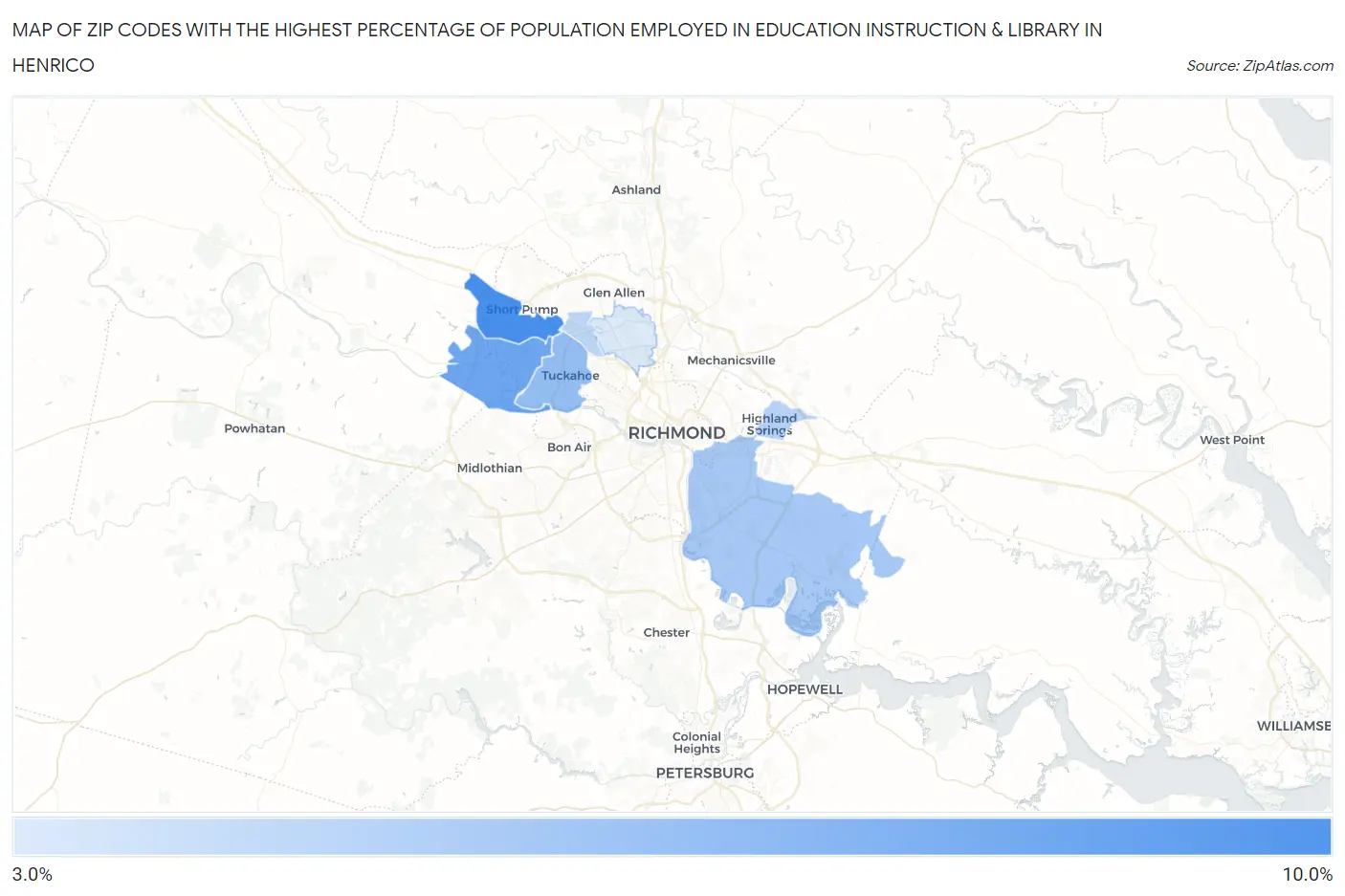 Zip Codes with the Highest Percentage of Population Employed in Education Instruction & Library in Henrico Map