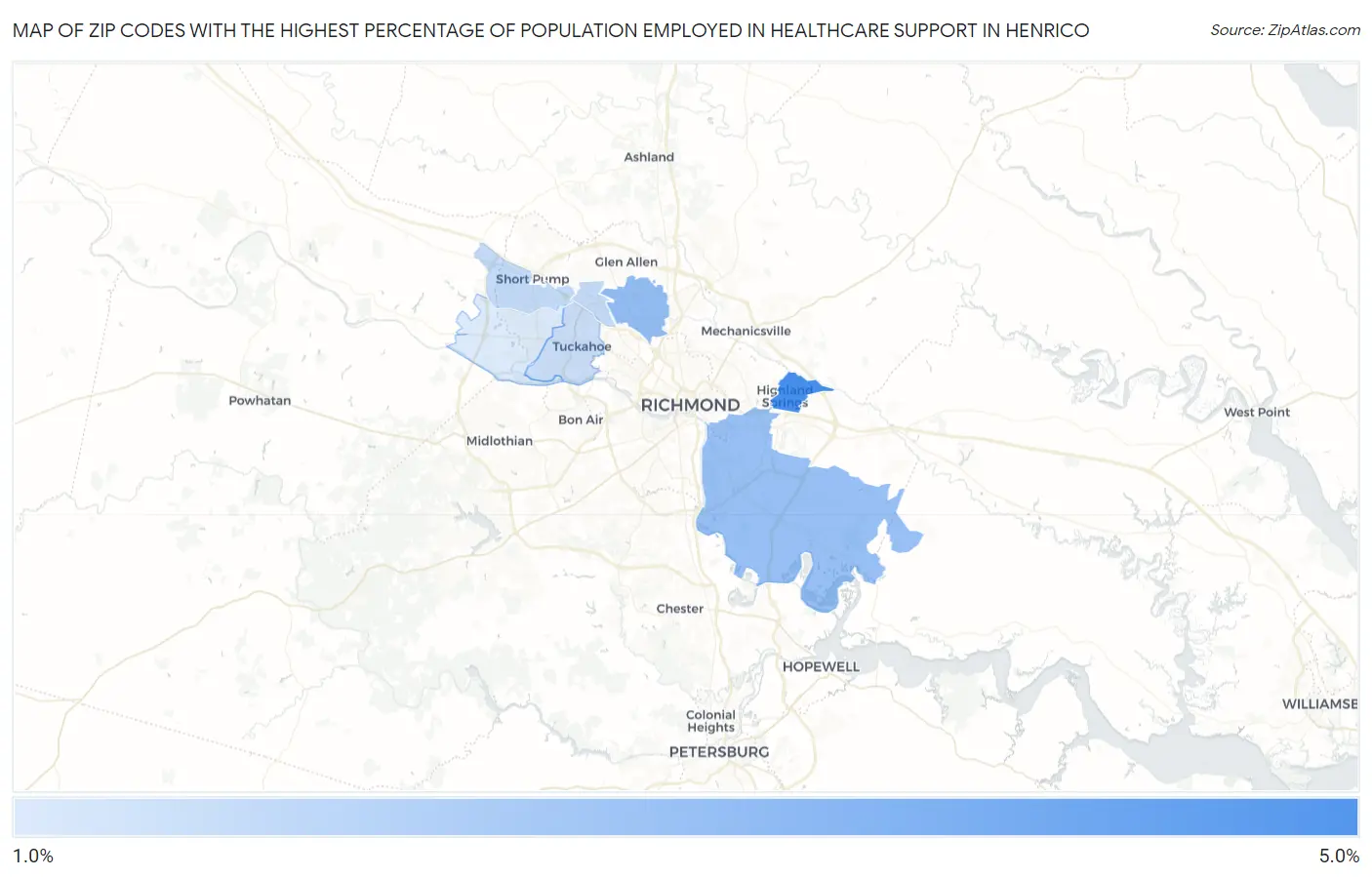 Zip Codes with the Highest Percentage of Population Employed in Healthcare Support in Henrico Map