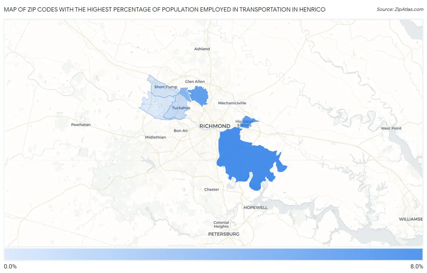 Zip Codes with the Highest Percentage of Population Employed in Transportation in Henrico Map