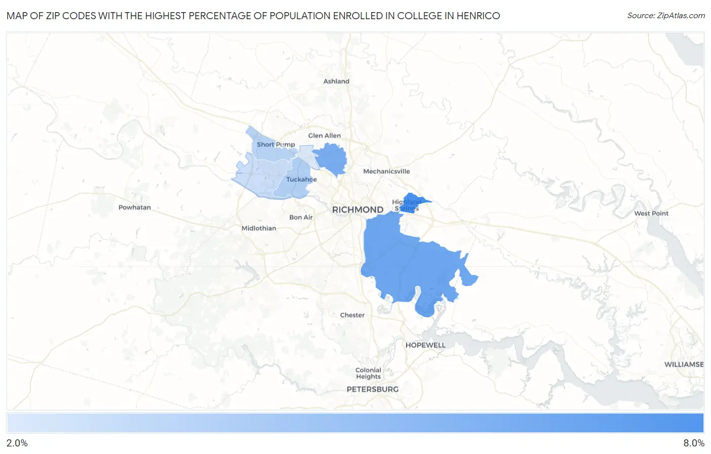 Zip Codes with the Highest Percentage of Population Enrolled in College in Henrico Map